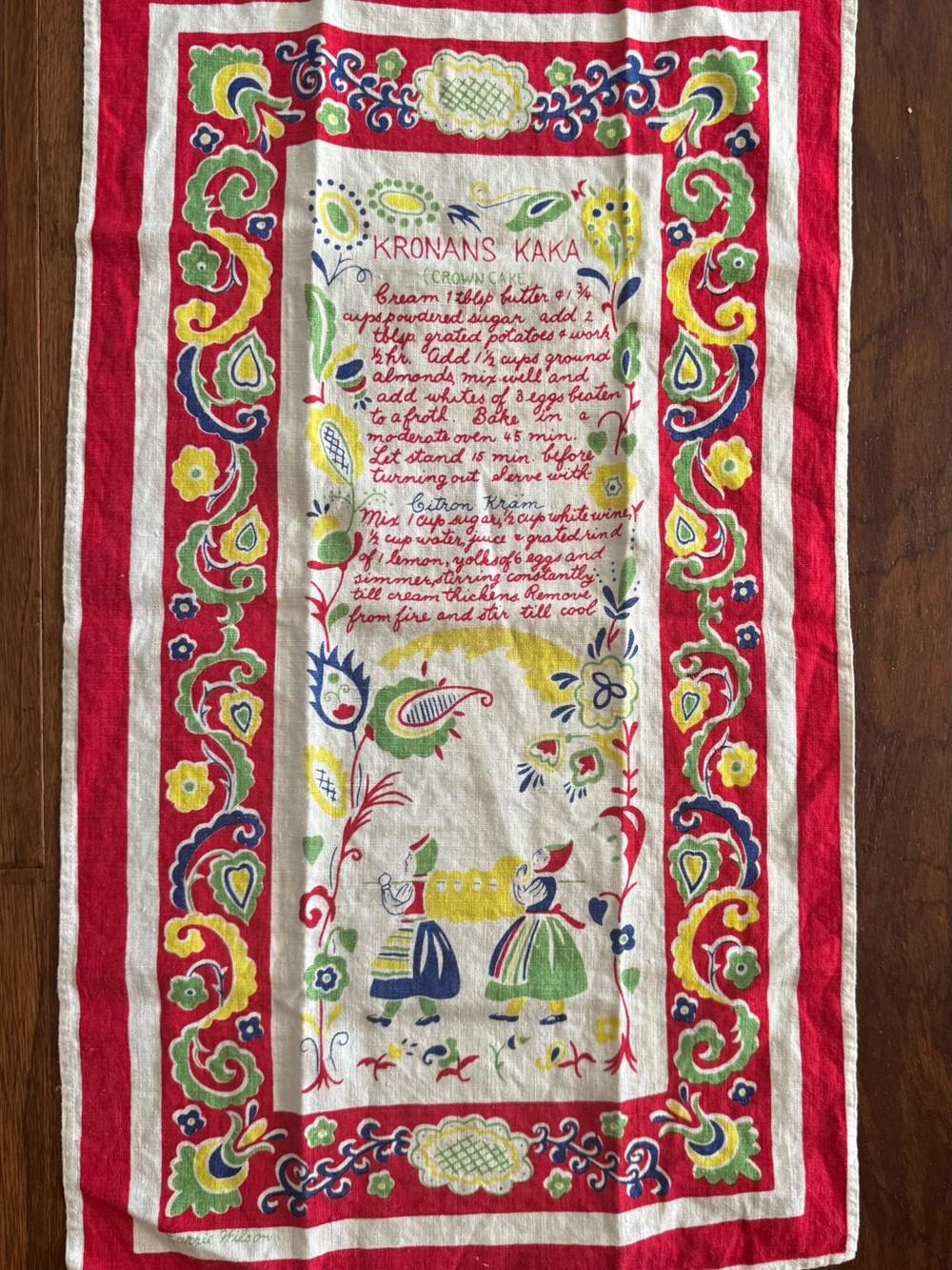 Vintage Carrie Wilson Linen Tea Towel Kaka Swedish Crown Cake Recipe MCM